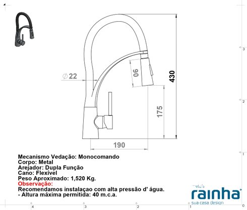 - RAINHA 3191 C 21 MISTURADOR MONOCOMANDO BLACK 40 CENTIMETROS -