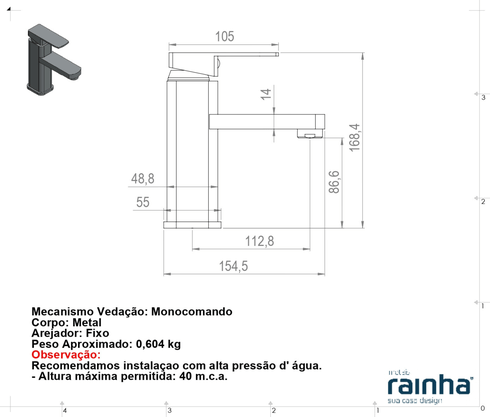 RAINHA 94530 MISTURADOR MONOCOMANDO BLACK MATTE LAVATORIO BANC. BICA BAIXA 10CM