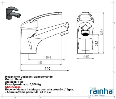 MISTURADOR MONOCOMANDO LAVATÓRIO BANCADA 20286 - RAINHA