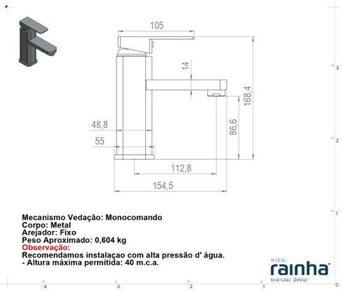 MISTURADOR PARA LAVATÓRIO MONOCOMANDO 4530 BICA BAIXA - RAINHA